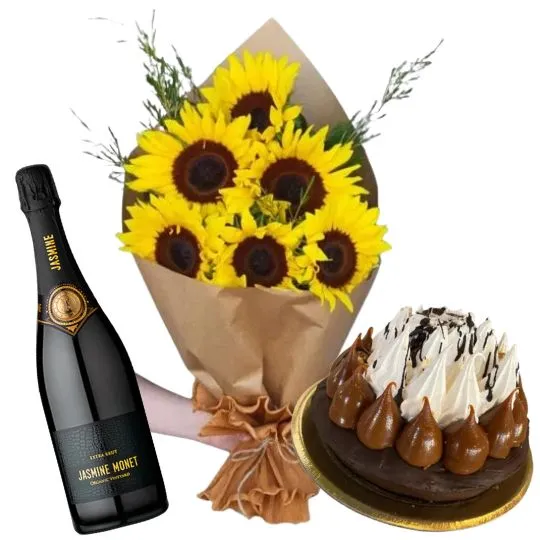 Ramo flores girasoles con torta y espumante